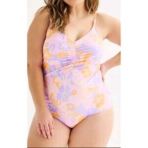 Ninety Nine One Piece Swimsuit Size 1X Purple Floral Print Ruched Resort Pool
